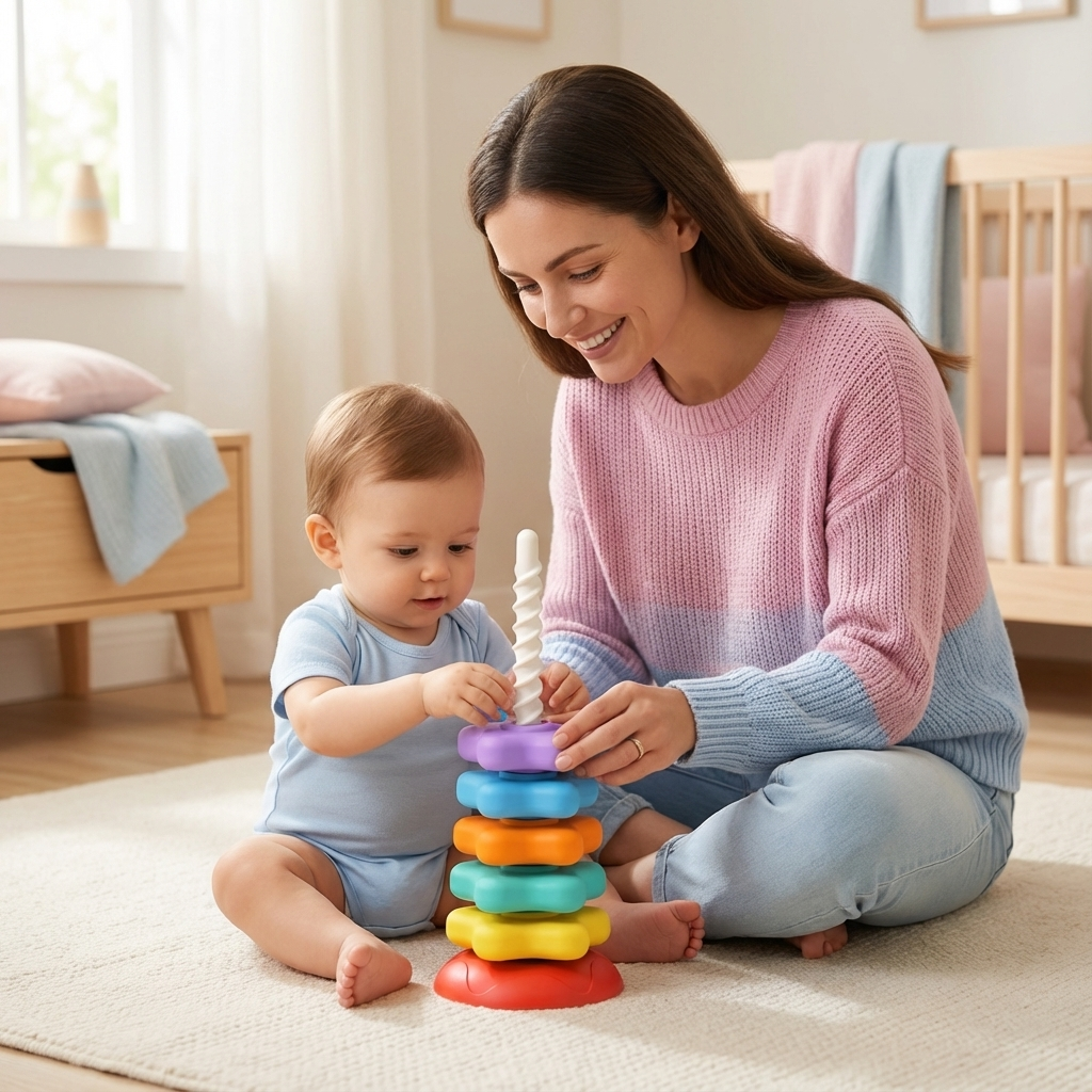 Bunter Dreh- und Farbturm für Kleinkinder & Vorschulkinder. Hilft beim Lernen von Farben und Feinmotorik.