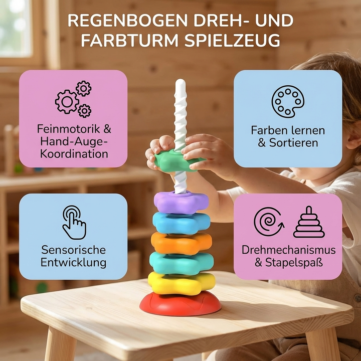Faszinierender Regenbogen Dreh- und Farbturm mit bunten Scheiben für interaktives Spielen und Lernen.