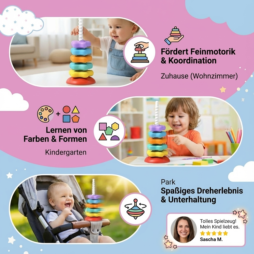 Motorik- & Farbturm Regenbogen: Pädagogisches Spielzeug zur Förderung von Farberkennung & Feinmotorik.