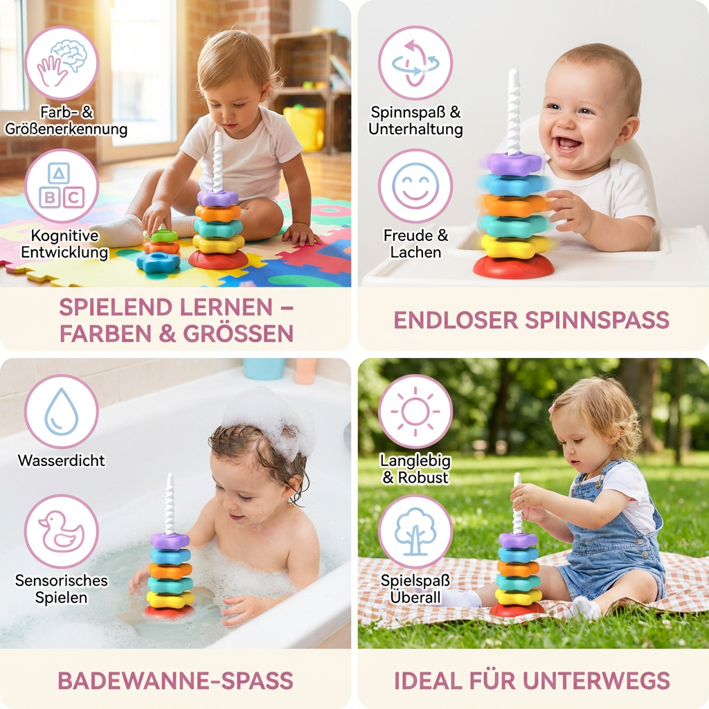 Ideales Geschenk: Regenbogen Dreh- und Farbturm Spielzeug für Kleinkinder, fördert spielerisch das Lernen.