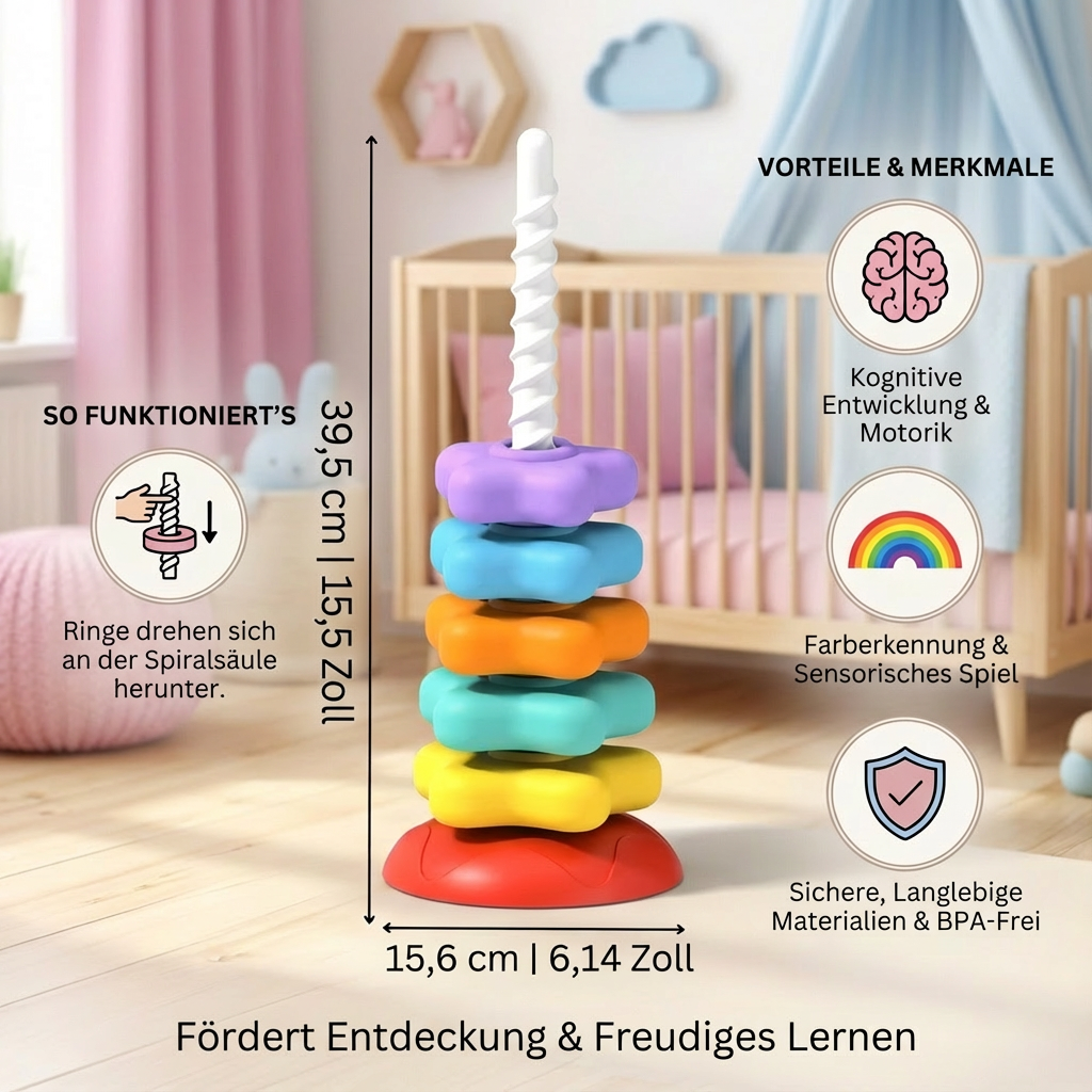 Interaktiver Regenbogen Dreh- und Farbturm für Kleinkinder. Pädagogisches Spielzeug zum Erlernen von Farben.