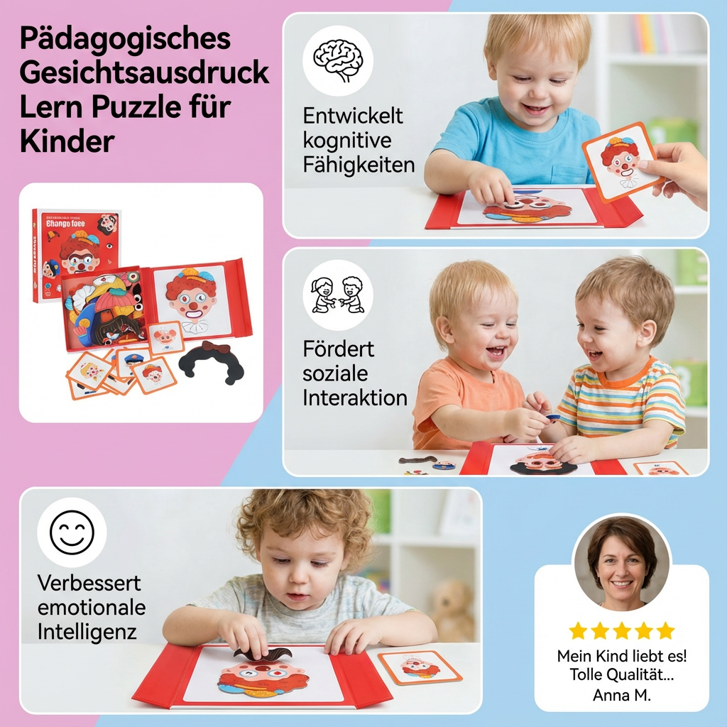 Spielerisches Lernpuzzle für Kinder, um verschiedene Emotionen und Gesichtsausdrücke zu verstehen und zu lernen.