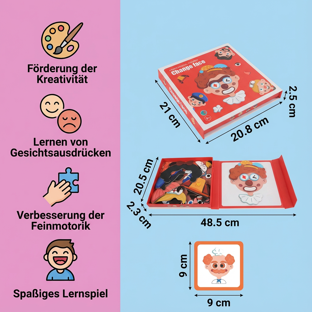 Buntes Kinder Lernpuzzle mit austauschbaren Teilen für verschiedene Gesichtsausdrücke; fördert Kreativität.