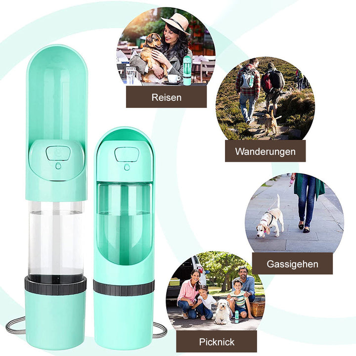 Hund trinkt Wasser aus der PawBuddy 2-in-1 Trinkflasche; praktisch für Durst unterwegs.