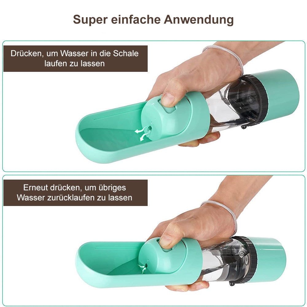 Kompakte PawBuddy 2-in-1 Futter- & Wasserflasche, leicht zu tragen; perfektes Reisezubehör für Hunde.