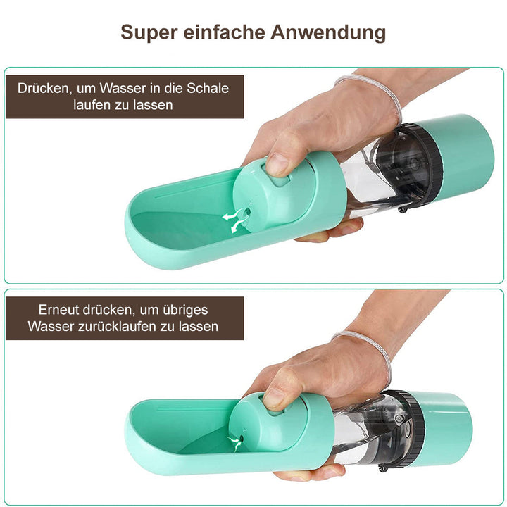 Kompakte PawBuddy 2-in-1 Futter- & Wasserflasche, leicht zu tragen; perfektes Reisezubehör für Hunde.