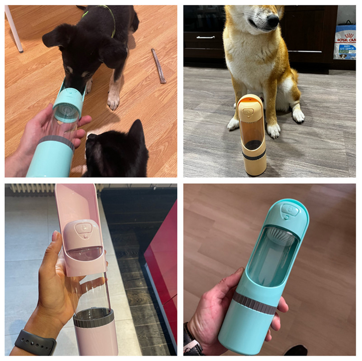 Detailansicht der PawBuddy 2-in-1 Hundeflasche mit separaten Kammern für Futter & Wasser. Robust & praktisch.