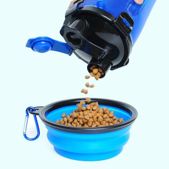 Aufklappbarer 2-in-1 Reisebecher für Hunde: Trinkflasche & Napf für Futter und Wasser.