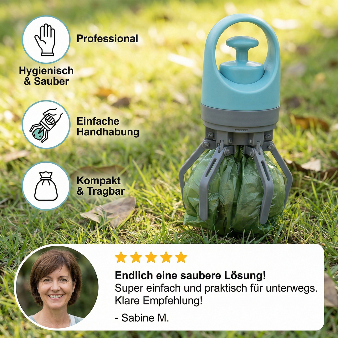 Ergonomischer Kotgreifer für Hunde mit Kotbeutelspender. Für hygienische Spaziergänge und saubere Hände.