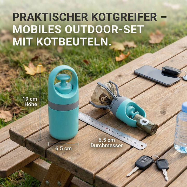 Hundebesitzer nimmt mühelos Hundekot mit dem hygienischen Kotgreifer auf. Sauberes Gassigehen im Freien.