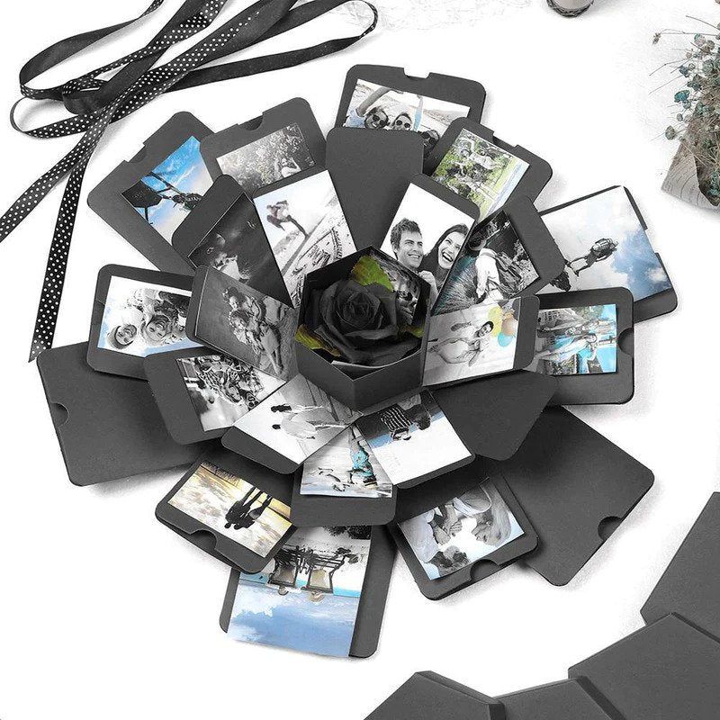 Kreative Geschenk-Explosionsbox für Geburtstag, Hochzeit oder Jahrestag, individuell mit Fotos gestaltet.