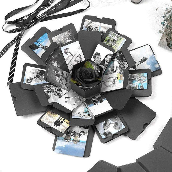 Kreative Geschenk-Explosionsbox für Geburtstag, Hochzeit oder Jahrestag, individuell mit Fotos gestaltet.