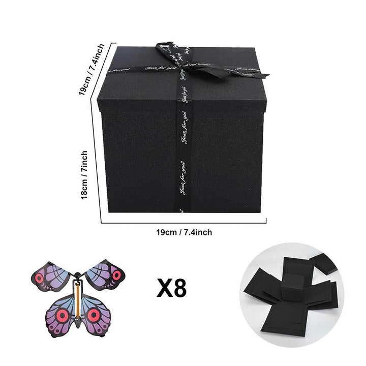 Explosionsbox-Innenseite mit Fotofächern und 8 Schmetterlingen. Personalisierte Geschenkidee.