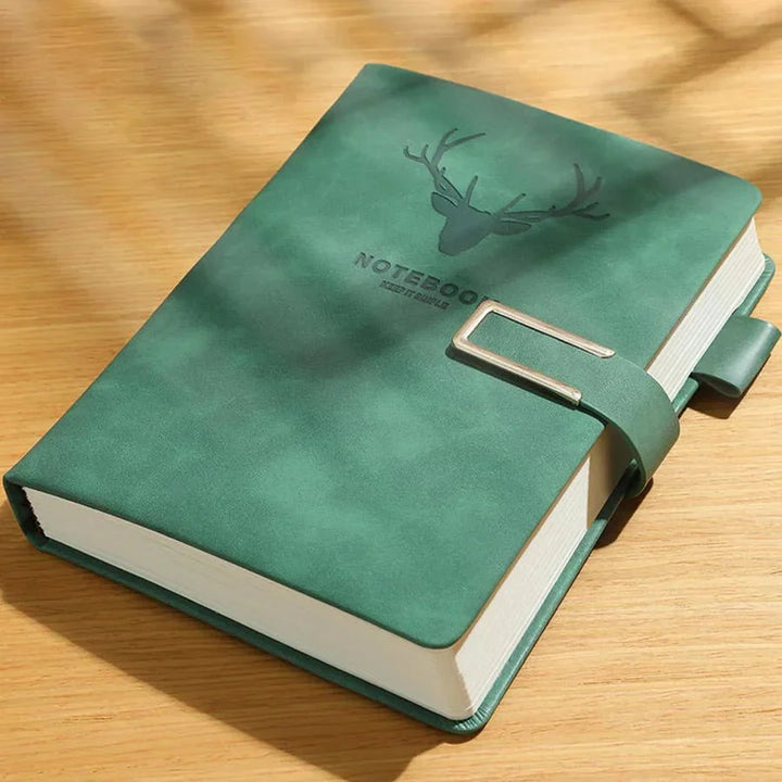 A5 Leder-Notizbuch (Grün) mit Lesezeichen auf einem Schreibtisch; perfekt als Tagebuch oder für wichtige Notizen.