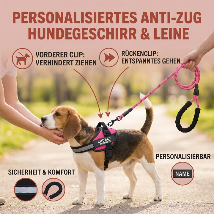 Reflektierendes Anti-Zug Hundegeschirr mit individuellem Namen für optimale Sicherheit beim Spaziergang.