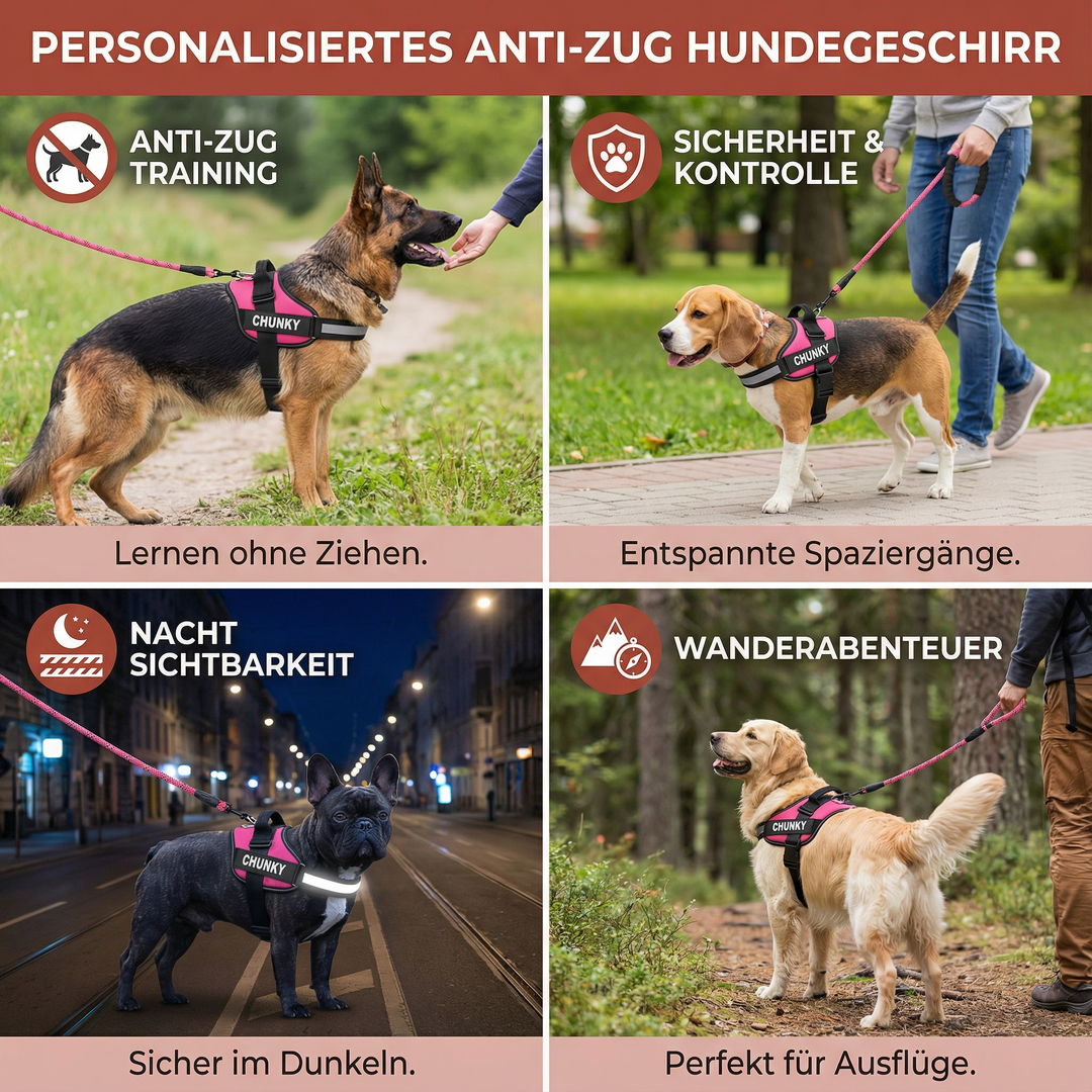 Robustes Anti-Zug Geschirr mit reflektierenden Streifen für Sicherheit bei Dämmerung, personalisierbar mit Namen.