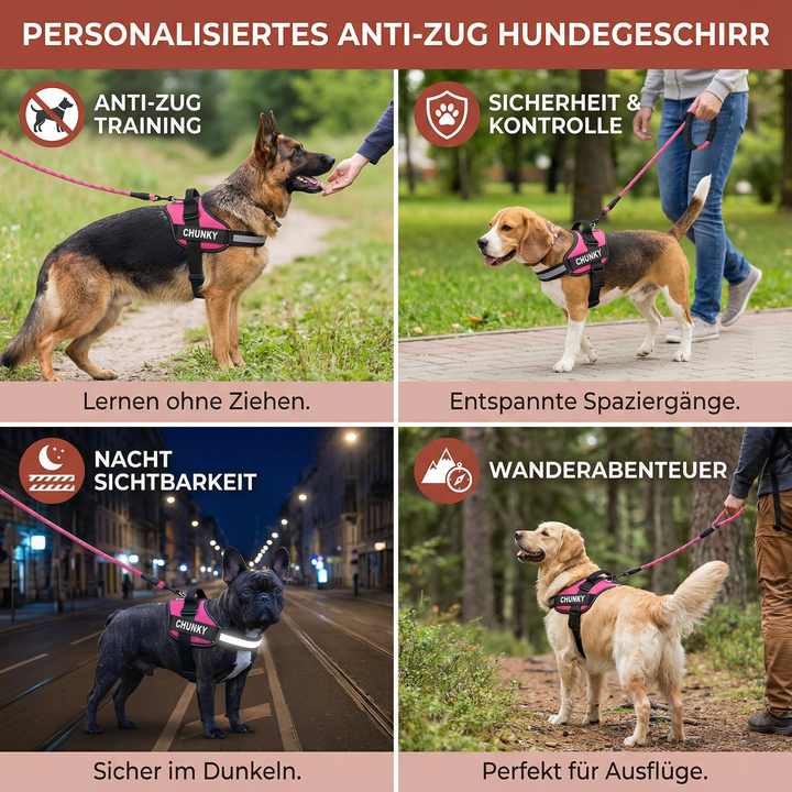 Robustes Anti-Zug Geschirr mit reflektierenden Streifen für Sicherheit bei Dämmerung, personalisierbar mit Namen.
