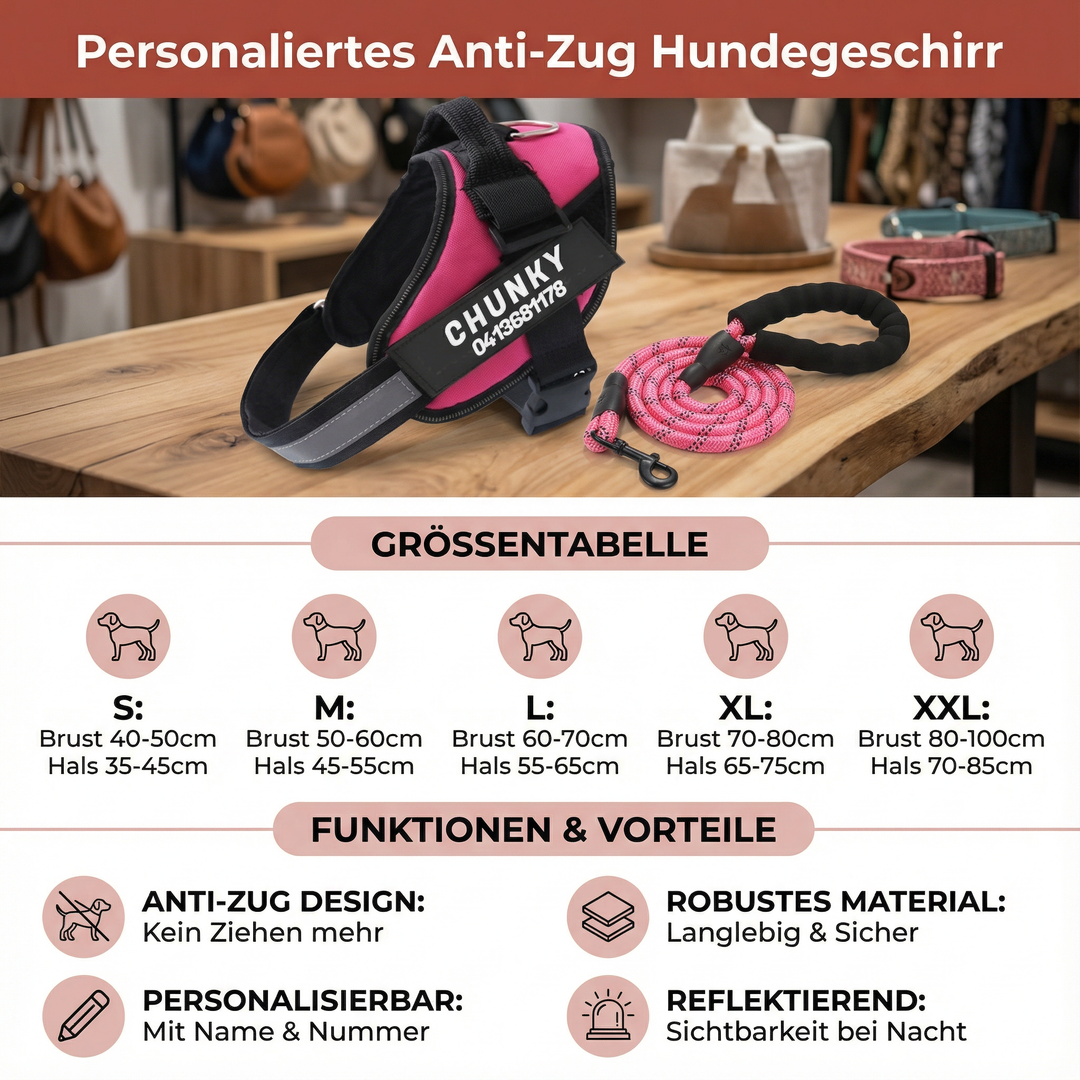 Hundegeschirr mit Anti-Zug-Funktion und persönlichem Aufdruck, ideal für kontrollierte und entspannte Spaziergänge.