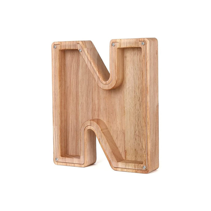 Kinder lernen spielerisch Geld sparen mit diesem personalisierten Holz-Sparschwein mit Buchstaben.