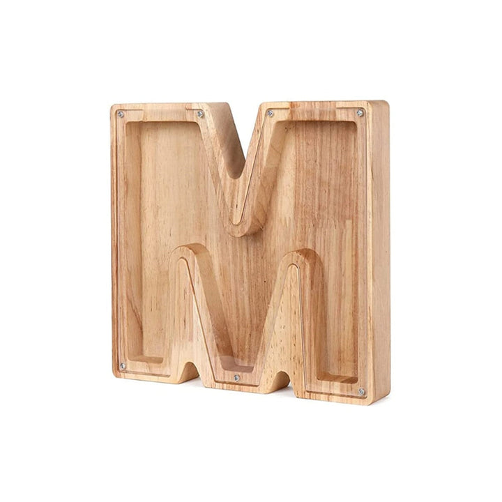 Einzigartiges Holz-Sparschwein mit ausgeschnittenen Buchstaben, personalisiert und langlebig.