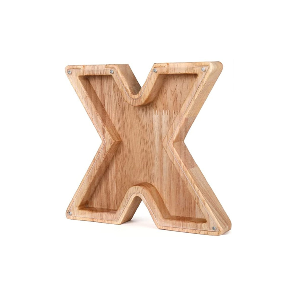 Lehrreiches Buchstaben-Sparschwein aus Holz, personalisierbar, zum Geldsparen und spielerischen Lernen.