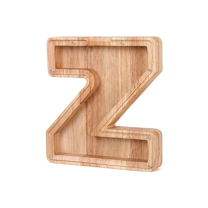 Kinderfreundliches Holz-Sparschwein mit bunten Buchstaben, personalisierbar zum Sparen lernen.
