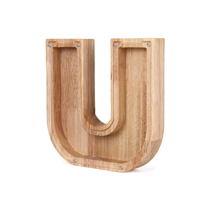 Lehrreiches Holz-Sparschwein mit Alphabet-Buchstaben, personalisiert für das Lernen von Kindern.