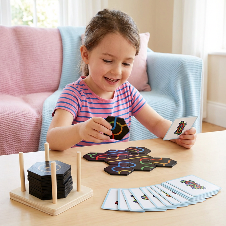 Buntes PfadPuzzle mit Holz-Spielsteinen. Wege verbinden & Denkaufgaben lösen. Ideales Logikspiel für Kinder.