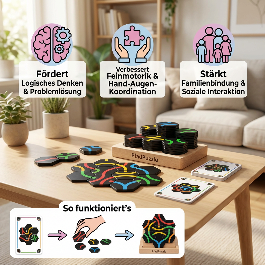 Glückliche Familie spielt PfadPuzzle: Pädagogisches Familienspiel für gemeinsame Lernmomente & Gehirntraining.