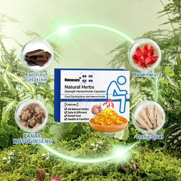 Flasche mit pflanzlichen Hämorrhoiden Kapseln zur natürlichen Linderung und Förderung der Gesundheit.