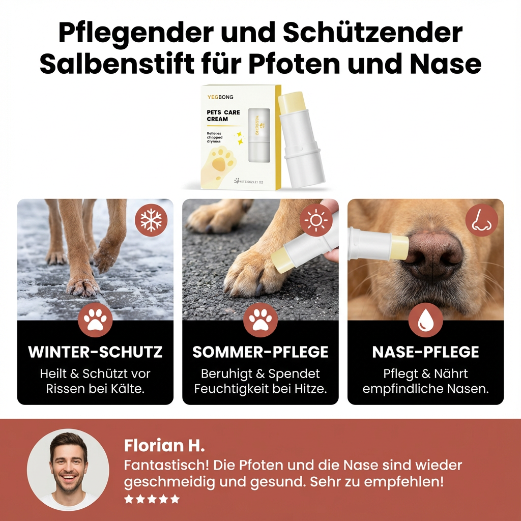 Natürlicher Pflegestift für Hundenasen & Katzennasen. Tiersalbe schützt vor Austrocknung & Rissen.