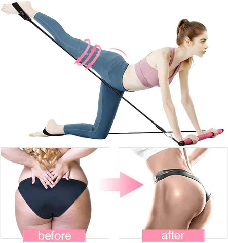 Effizientes Pilates Stangen Set mit Widerstandsbändern zur Stärkung von Muskeln bei Yoga, Workout & Fitness.