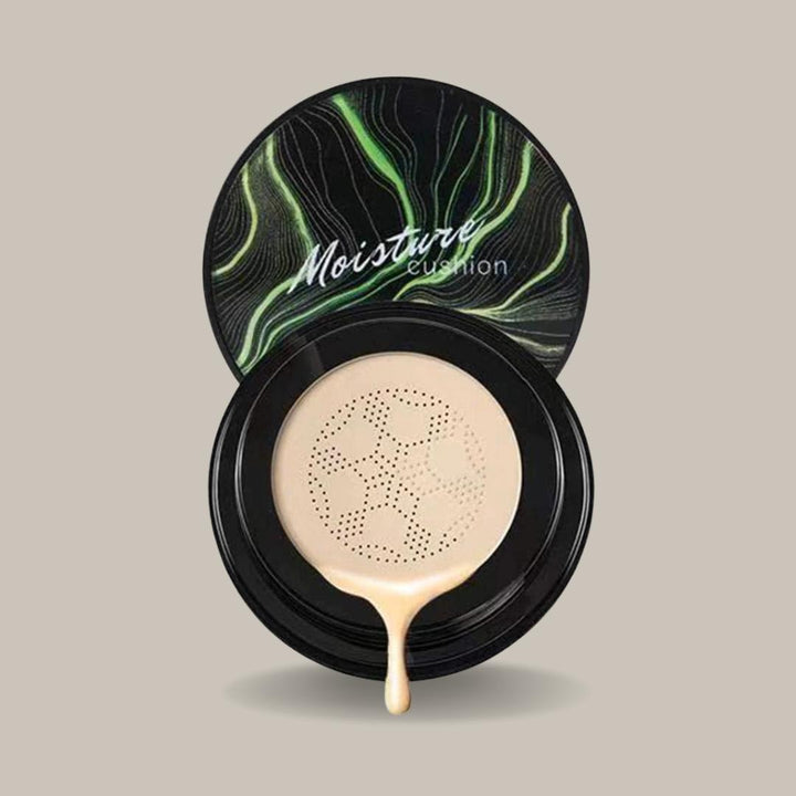 Pilzkopf Luftkissen CC Creme in eleganter Verpackung. Kosmetik Foundation für hydratisierte, makellose Haut.