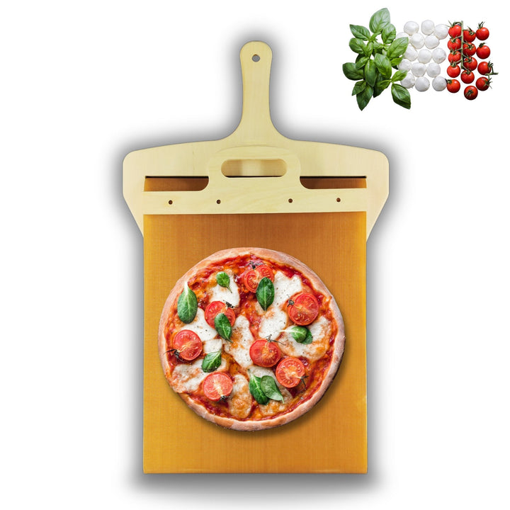 Ergonomischer Pizzaschieber mit cleverem Schiebemechanismus. Robustes Pizzazubehör für sicheres Handling heißer Pizzen.