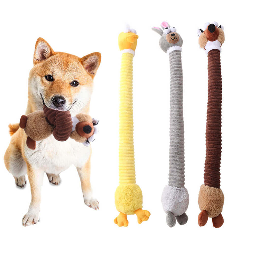 Plüsch-Hundespielzeug mit Quietscher, langem Hals & robustem Design für interaktiven Spielspaß.