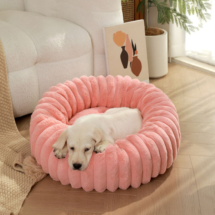 Plüschiges Donut-Bett für Katzen, fördert tiefe Entspannung & Geborgenheit.