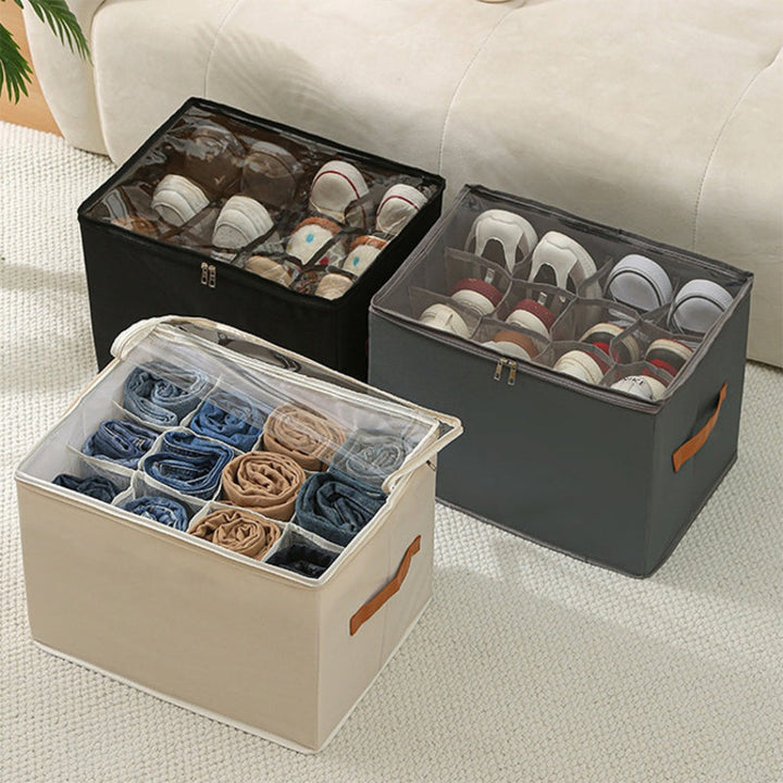 ShoeBox Fold Aufbewahrungsboxen im Schrank für perfekte Schuhaufbewahrung und Heimorganisation.