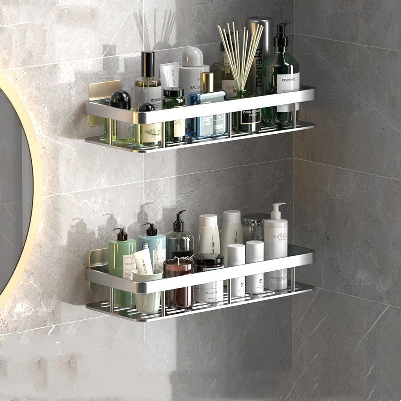Robustes Aluminium-Badezimmerregal, bohrfrei und platzsparend, ideal für moderne Badausstattung und Aufbewahrung.