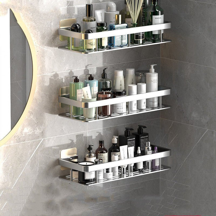 Elegantes, bohrfreies Wandregal aus Aluminium, schafft Ordnung und modernes Flair im Badezimmer. Badzubehör stets griffbereit.