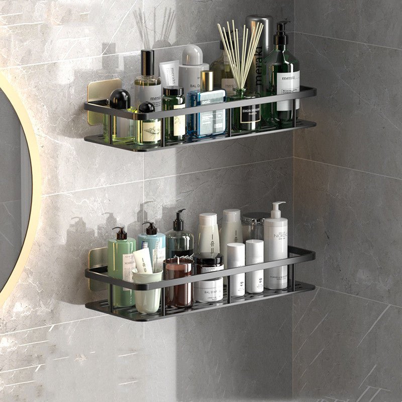 Duschregal oder Wandablage ohne Bohren aus Aluminium, platzsparende Aufbewahrung für Shampooflaschen und Badartikel.