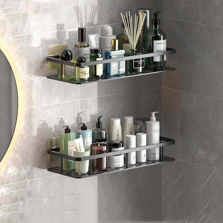Duschregal oder Wandablage ohne Bohren aus Aluminium, platzsparende Aufbewahrung für Shampooflaschen und Badartikel.