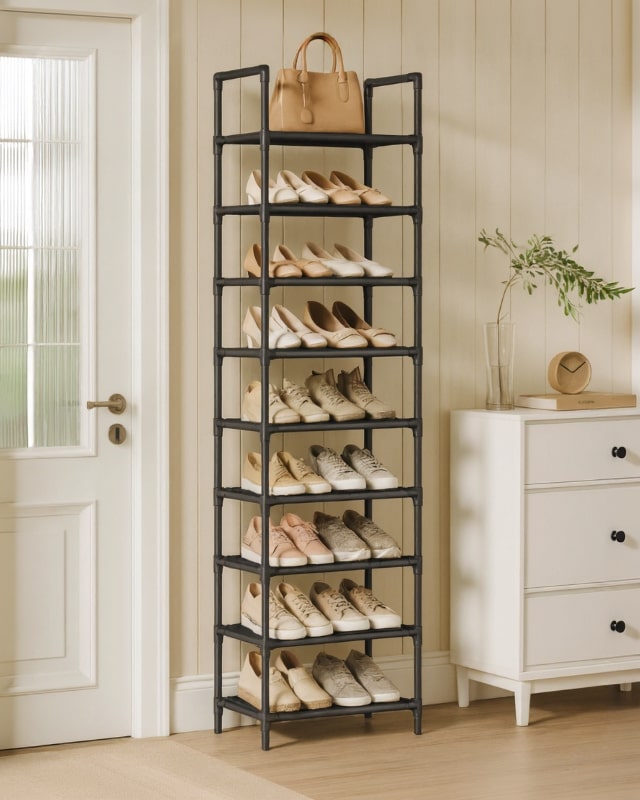 Platzsparendes Schuhregal für Zuhause, ideal zur Schuhaufbewahrung und Organisation im Flur oder Eingangsbereich.