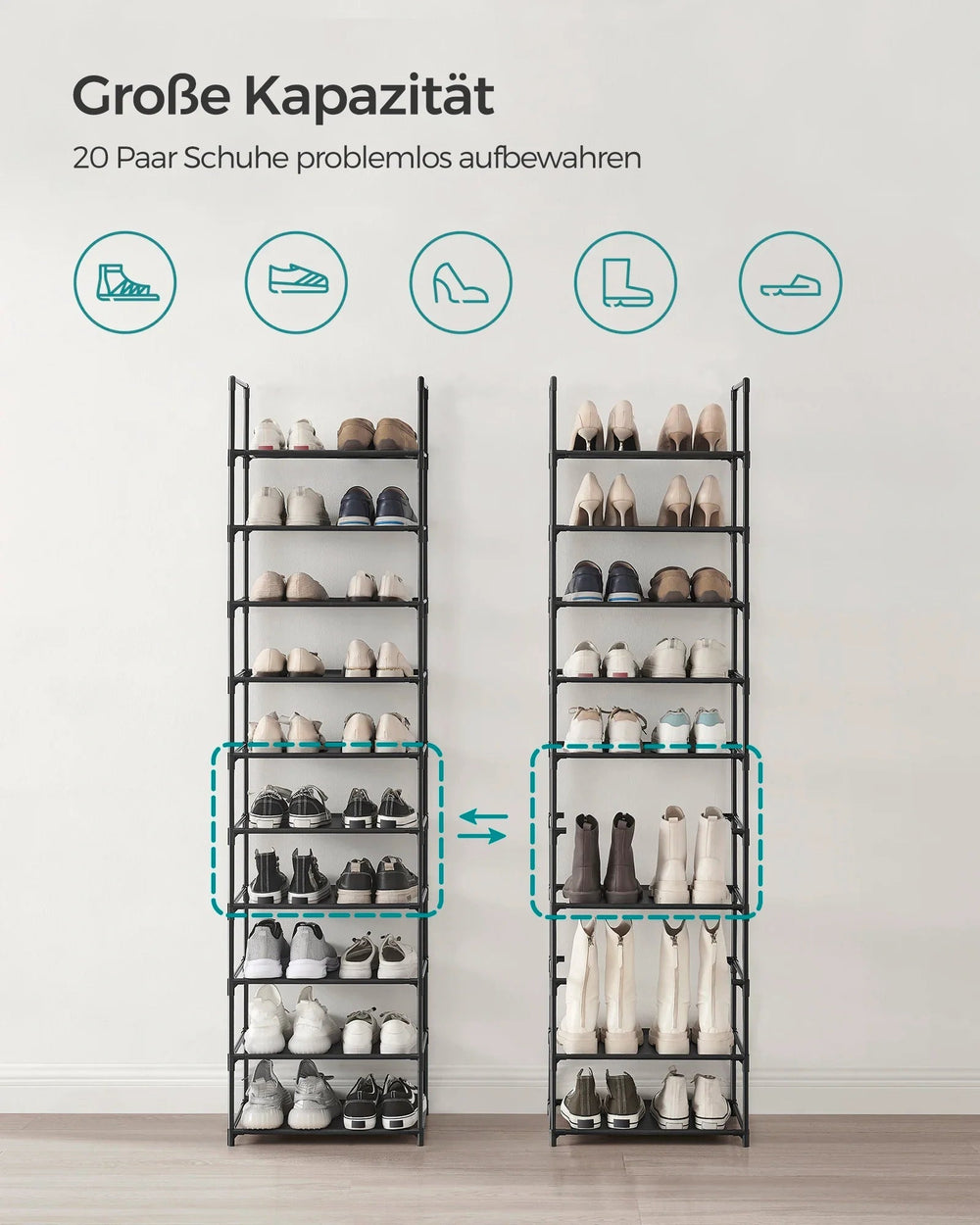 Mehrstufiges Schuhregal für eine effiziente und ordentliche Schuhaufbewahrung, passend für jeden Raum.