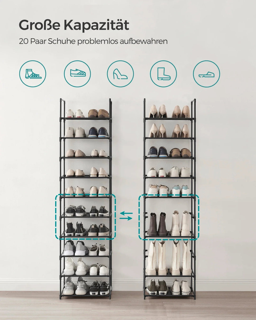 Mehrstufiges Schuhregal für eine effiziente und ordentliche Schuhaufbewahrung, passend für jeden Raum.