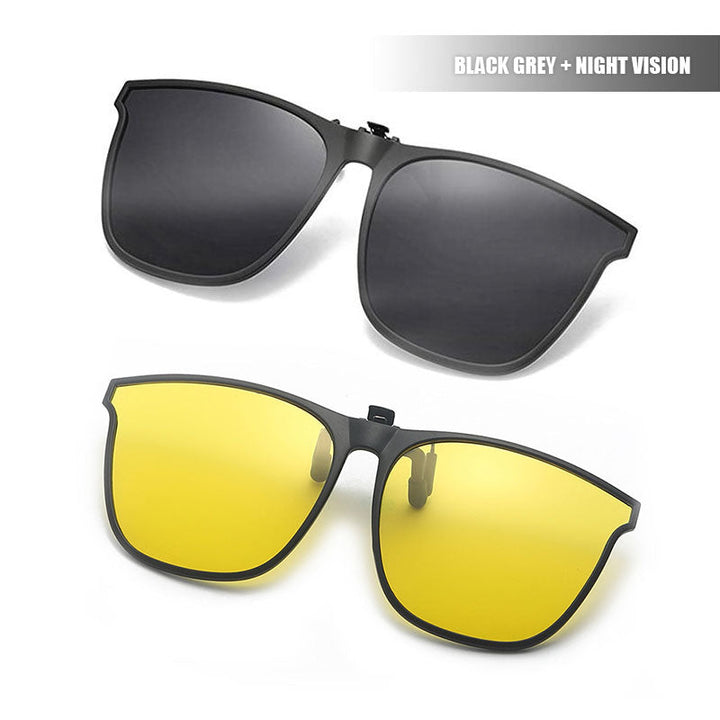Platzsparender faltbarer Brillenaufsatz mit polarisierten Linsen für den Alltag.