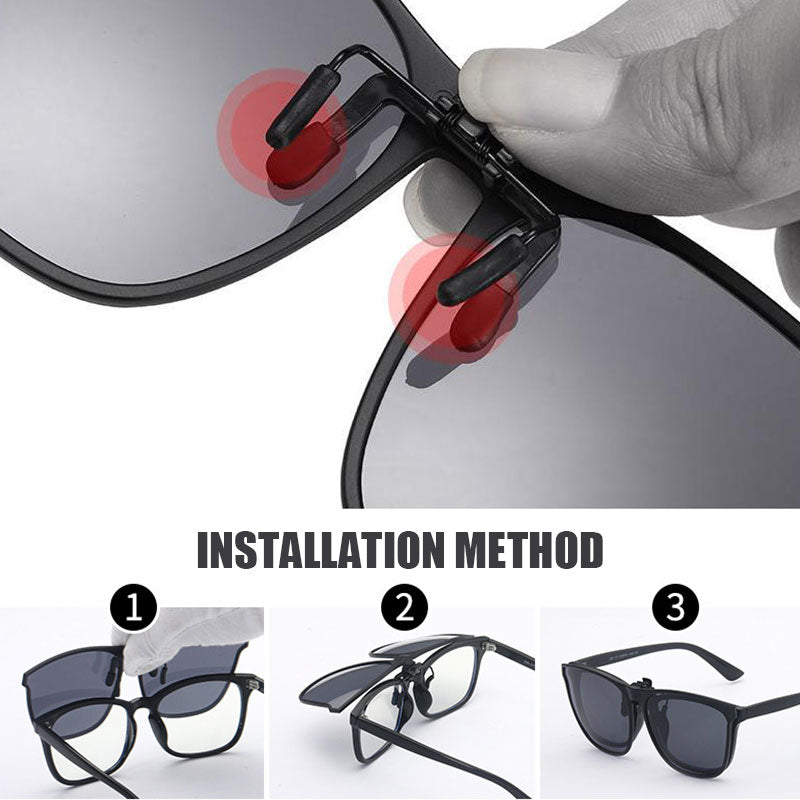 Innovativer faltbarer Clip-on für Brillenträger mit polarisierten Gläsern.
