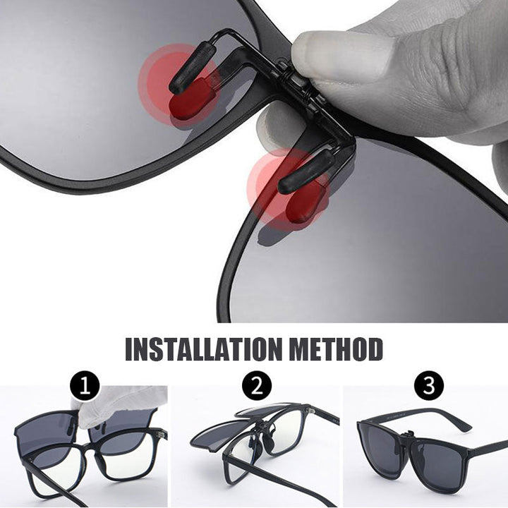 Innovativer faltbarer Clip-on für Brillenträger mit polarisierten Gläsern.
