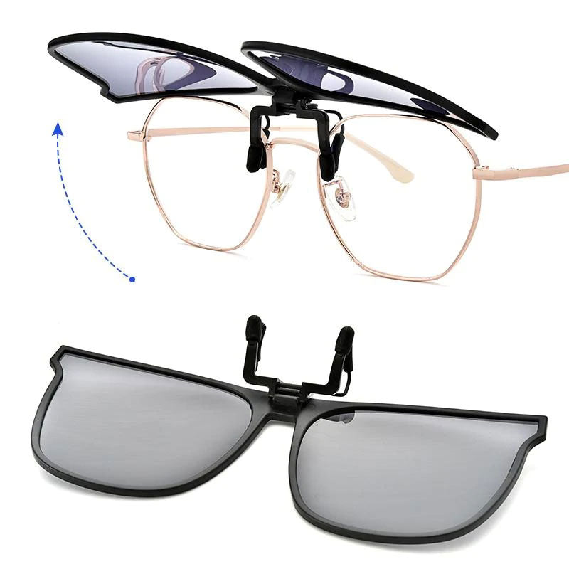 Stylische faltbare Clip-on Sonnenbrille, polarisiert, für optimalen Sehkomfort.