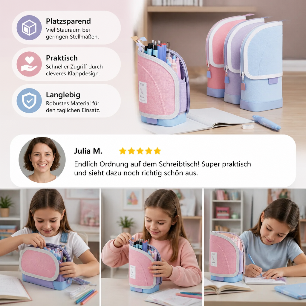 Stylisches Pop-Up Federmäppchen in leuchtender Farbe, dient als Schreibtisch-Organizer und Stiftehalter für Studenten.