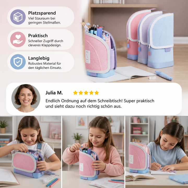 Stylisches Pop-Up Federmäppchen in leuchtender Farbe, dient als Schreibtisch-Organizer und Stiftehalter für Studenten.